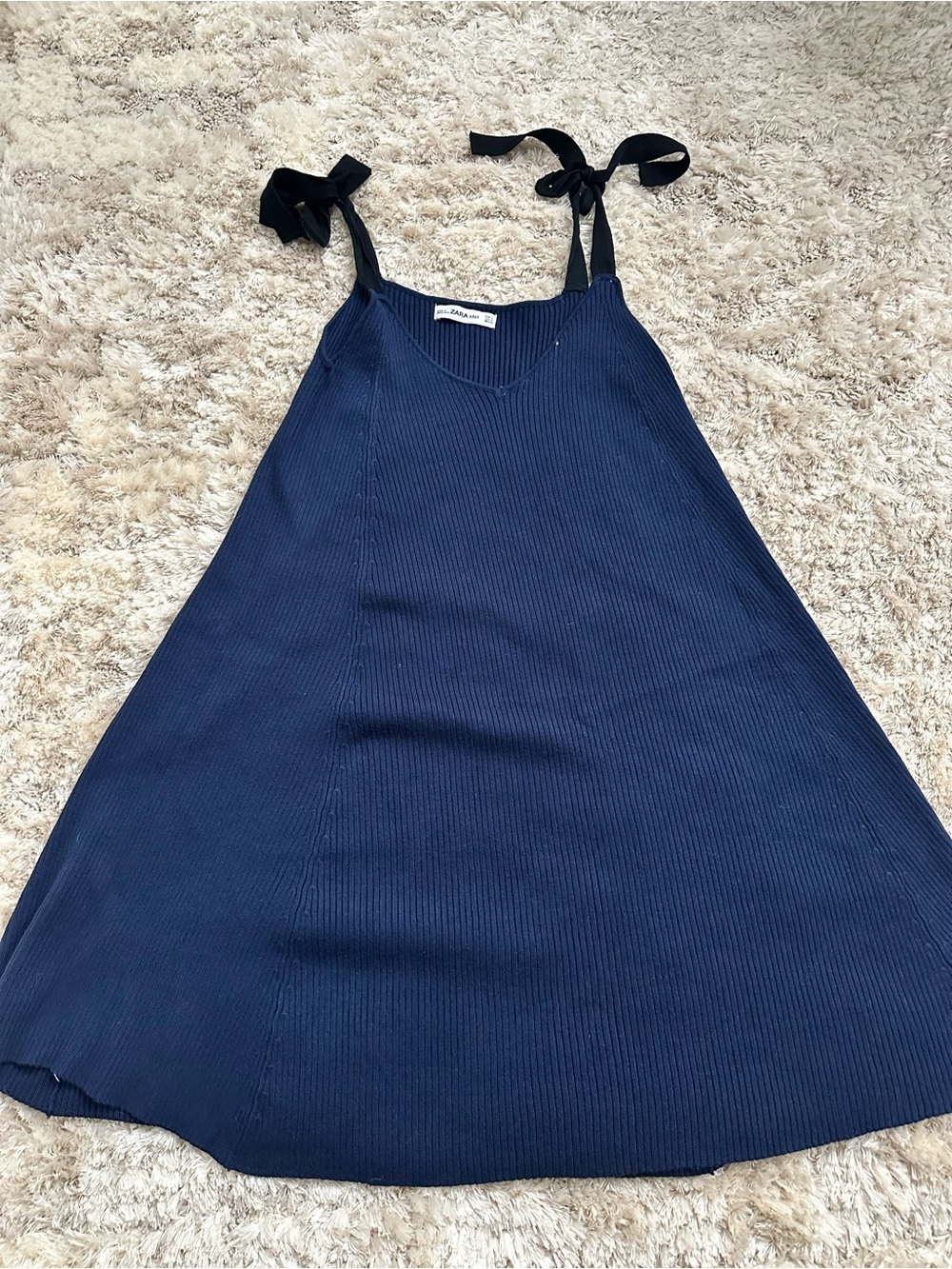 Zara Navy Ribbed Tie-Shoulder dress